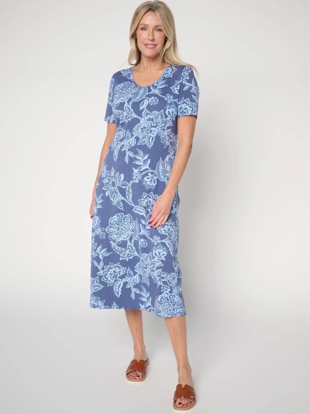Denim & Co. Beach Blue Indigo Floral Short Sleeve Midi Dress Women’s XL Petite